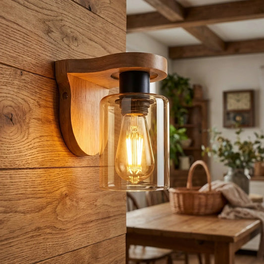 Applique murale bois E27 verre ambré intérieur lampe vintage ~2052