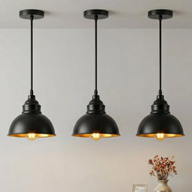 Lampe suspension industrielle noire E27 abat-jour intérieur doré ~2101