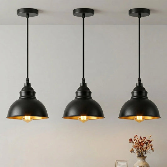 Lampe suspension industrielle noire E27 abat-jour intérieur doré ~2101
