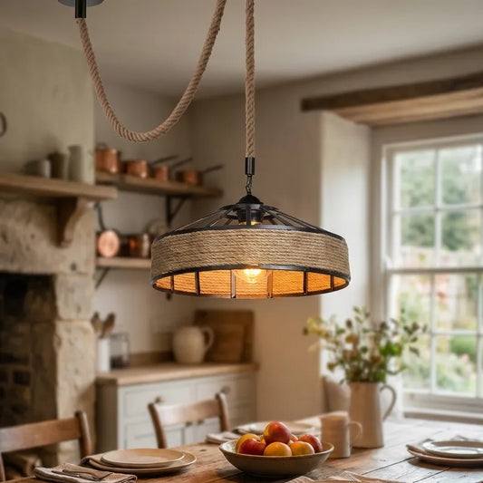 LEDSone Suspension Corde de Chanvre et Métal Noir E27 Câble 2m Lustre Vintage ~2239