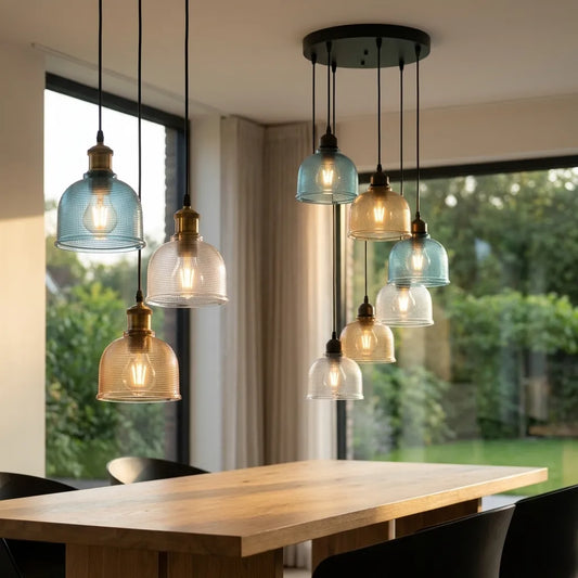 LEDSone Suspension Luminaire Multi Lampe en Verre Nervuré Rétro E27 pour Cuisine et Salon~2248