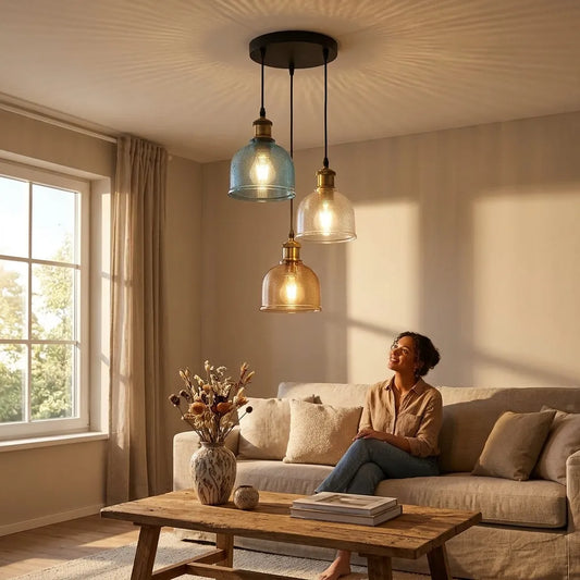 LEDSone Suspension Luminaire Multi Lampe en Verre Nervuré Rétro E27 pour Cuisine et Salon~2248