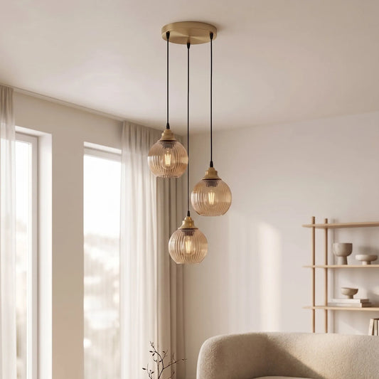 LEDSone Suspension Luminaire 3 Feux en Verre Côtelé Câbles Réglables ~2251