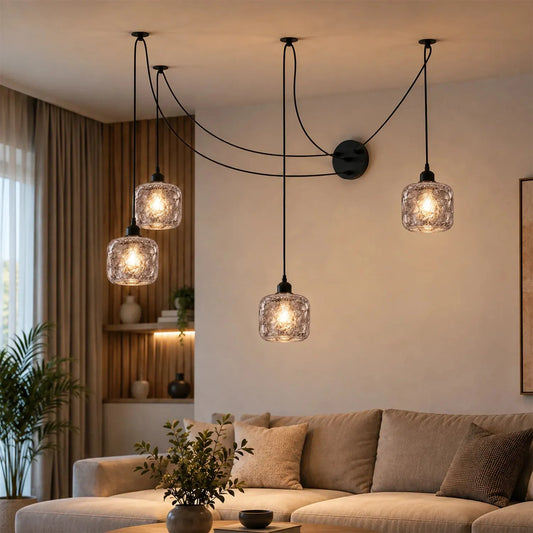 LEDSone Suspension araignée 4 feux, E27, verre dépoli, câble réglable 2m ~2329