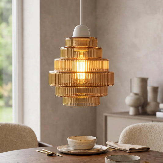 LEDSone Abat-jour pour suspension en verre ambré nervuré et élégant | Par niveaux, E27 ~2331