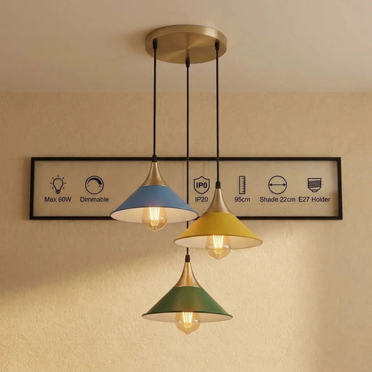 LEDSone Suspension 3 Lampes Cône Métal - Lustre Industriel Rétro E27 ~2350