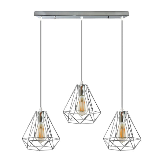 Suspension rectangulaire à 3 têtes en métal chromé, cage en fil de diamant de 20cm, E27, fil de 95cm ~ 4179