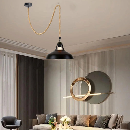 LEDSone Suspension Luminaire E27 Corde Chanvre – Lampe Pendante Industrielle Rétro Réglable, Abat-Jour DIY, Noir~ 5069
