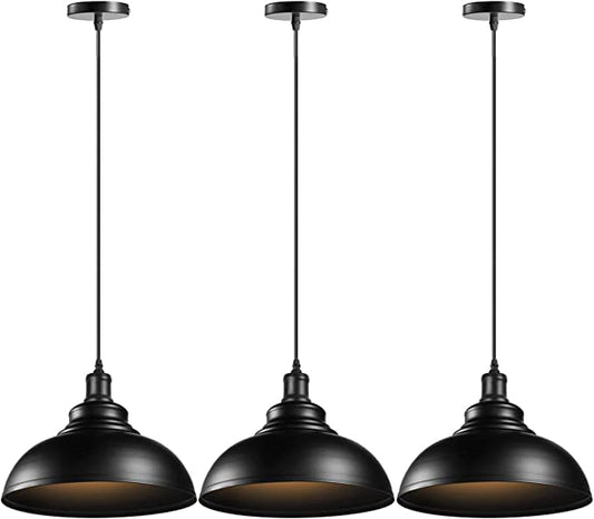 LEDSone Lustre Industriel Vintage – Suspension Métal Noir E27, 3 Pcs ~2216