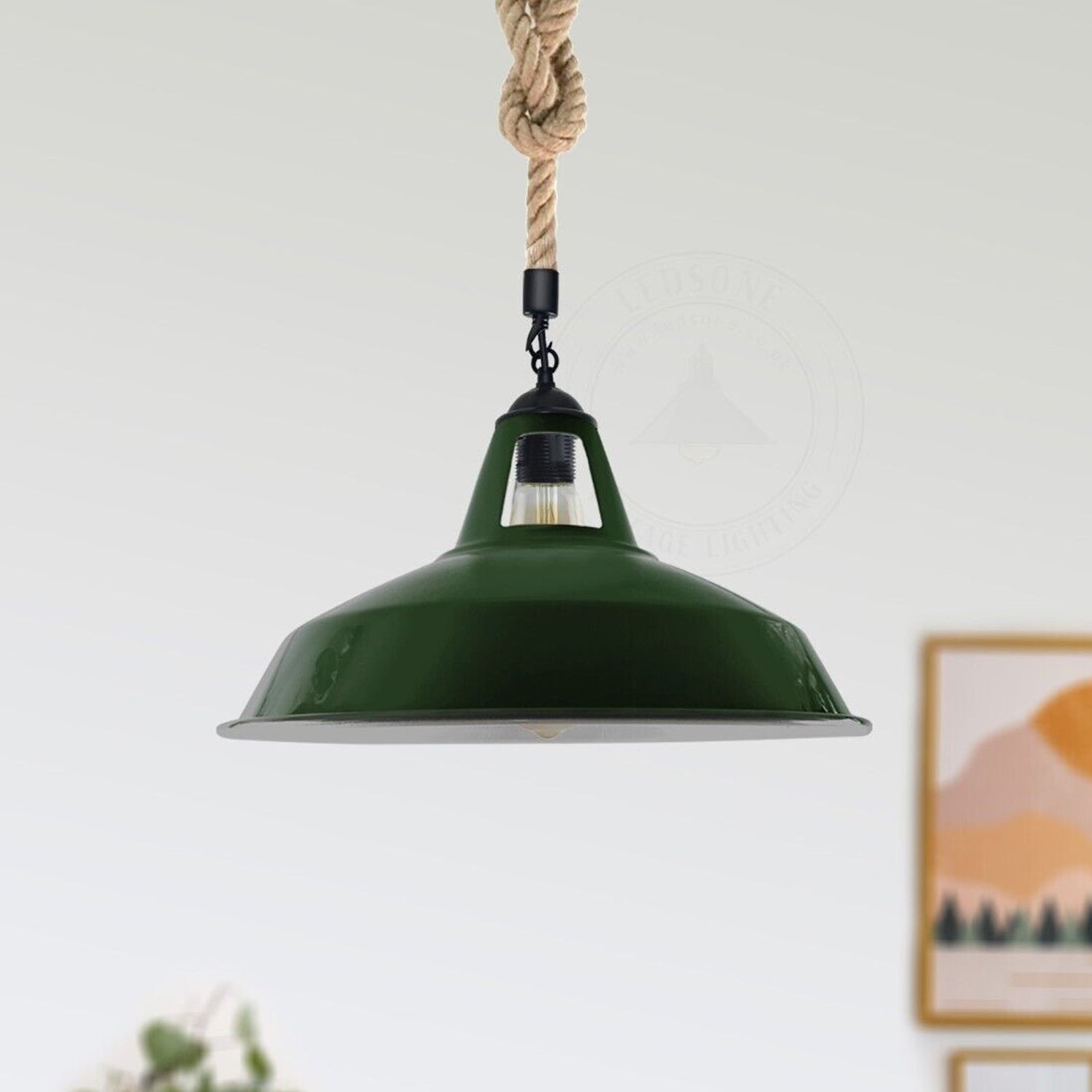 E27 Industrial Hemp Rope Cable Barn Slotted Green Pendant Light