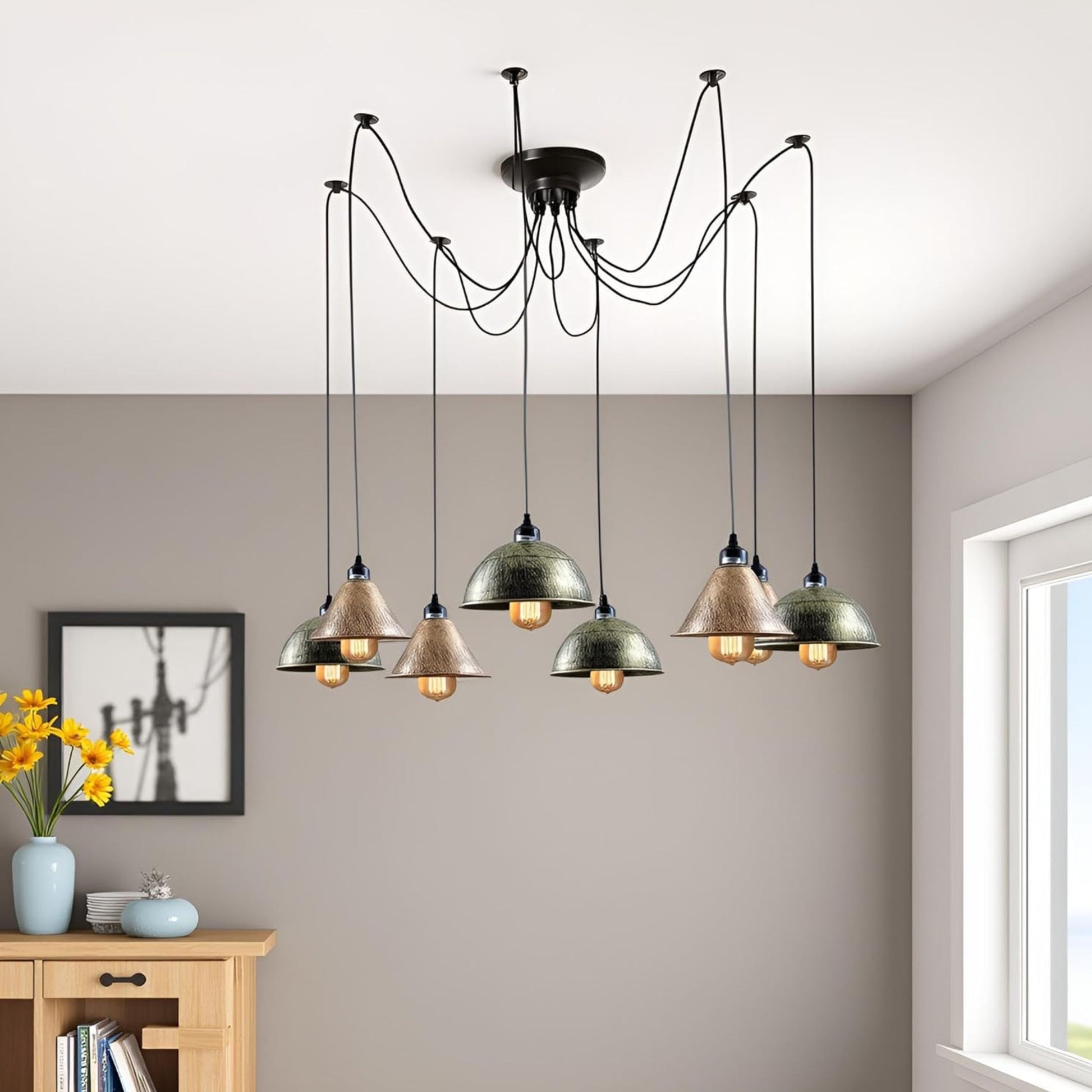 Suspension vintage 8 bras montrant la flexibilité des câbles en PVC.