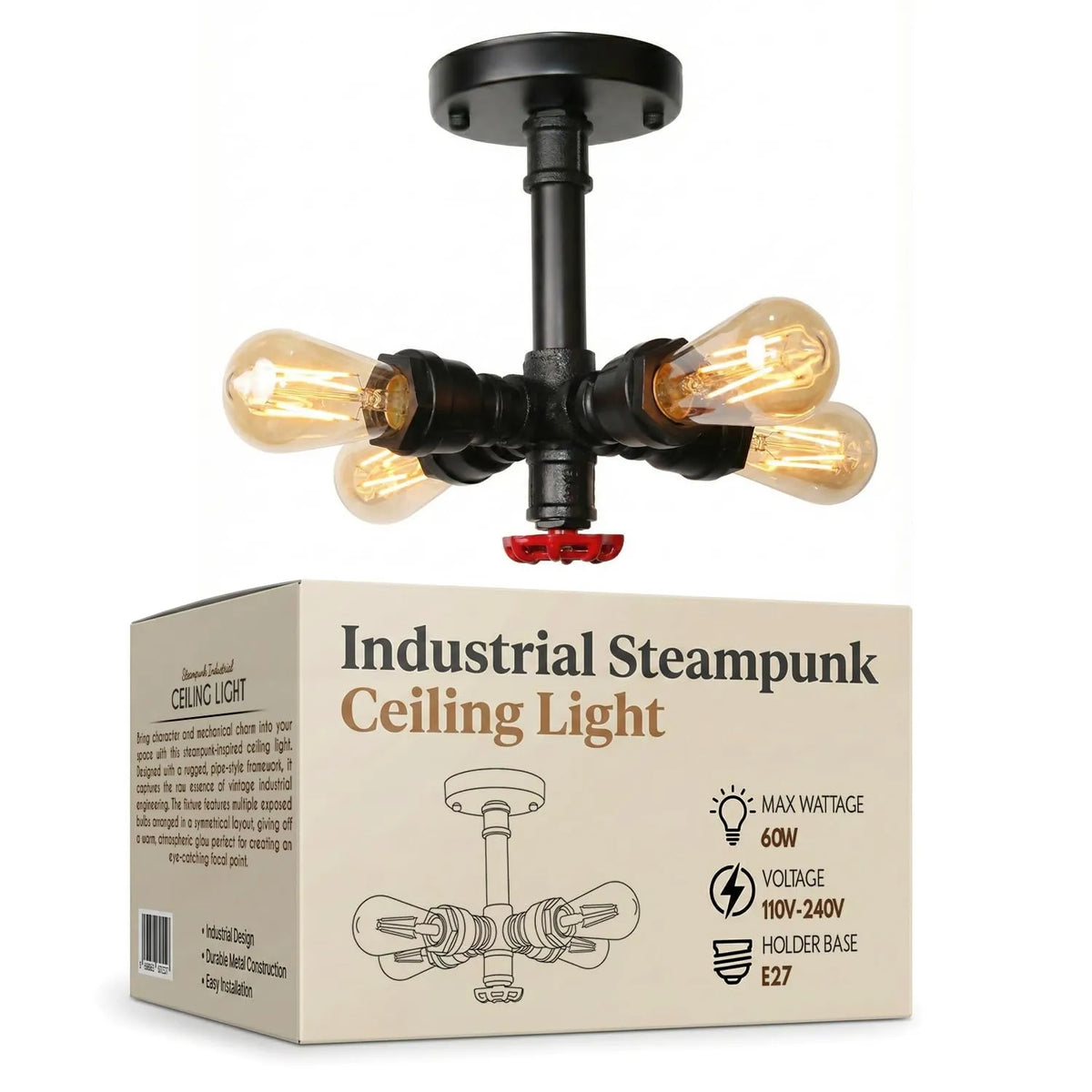 4 Tête Plafonnier Industrielle Vintage Rétro E27 Lustre Suspension Tuyau d'eau en Métal Noir
Plafonnier à Tube d'eau Design Industrielle Rétro
