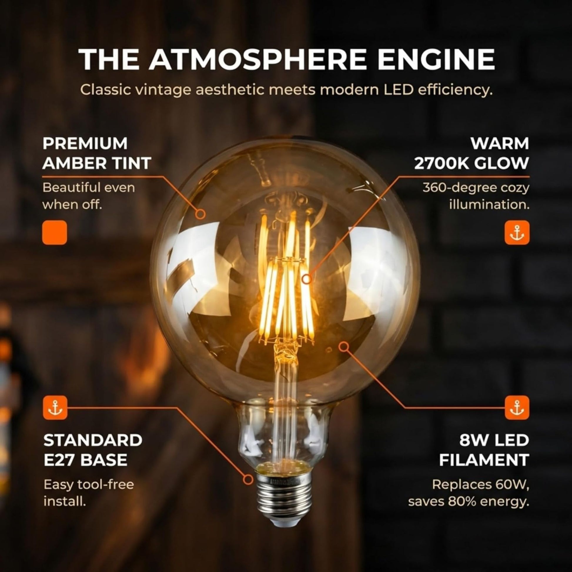 ampoule LED vintage G125 E27, ampoule LED globe ambré 8W, ampoule LED E27 dimmable globe vintage