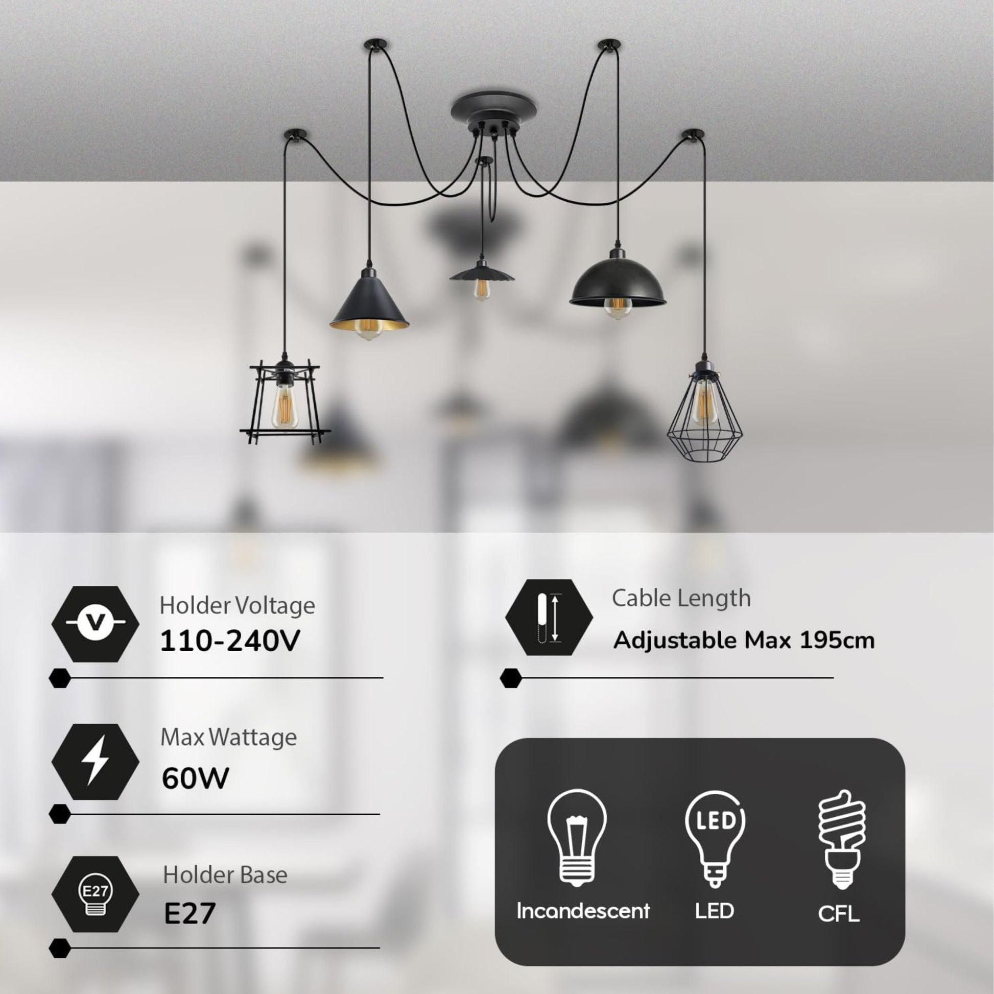 Lustre cage 5 points lumineux avec ampoules E27 incluses.