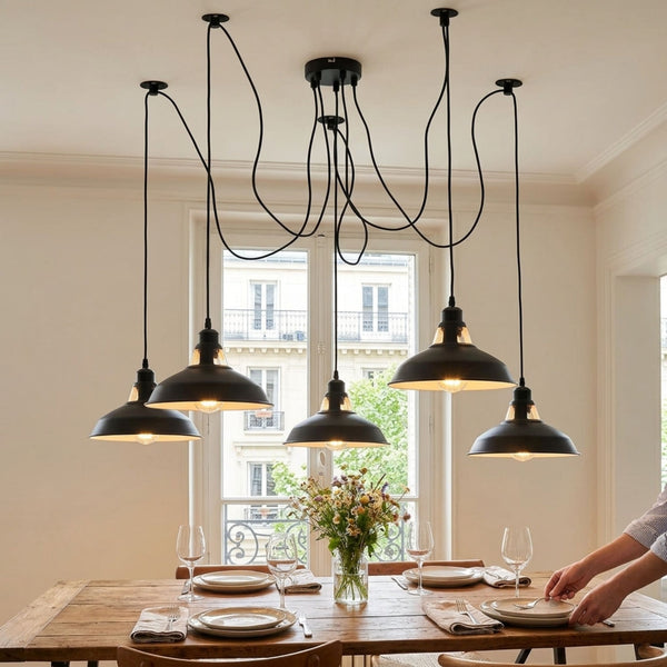 LEDSone Lustre Araignée 5 Têtes - Suspension Industrielle Métal Noir