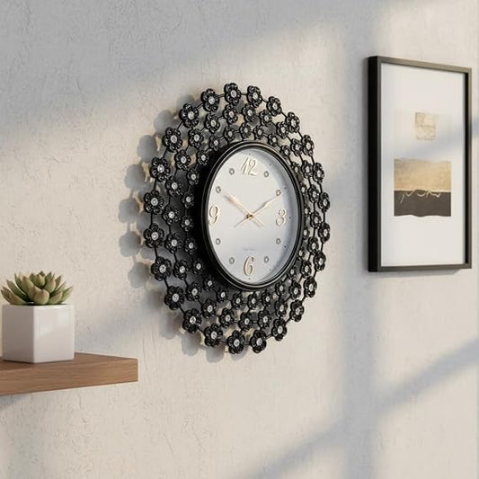 LEDSone Horloge murale décorative noire ornée de motifs floraux tridimensionnels  ~ 5182