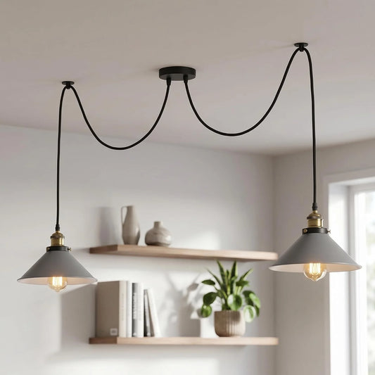 LEDSone Lampe Suspension Industrielle Double Métal Gris - 2 Têtes E27 ~2177