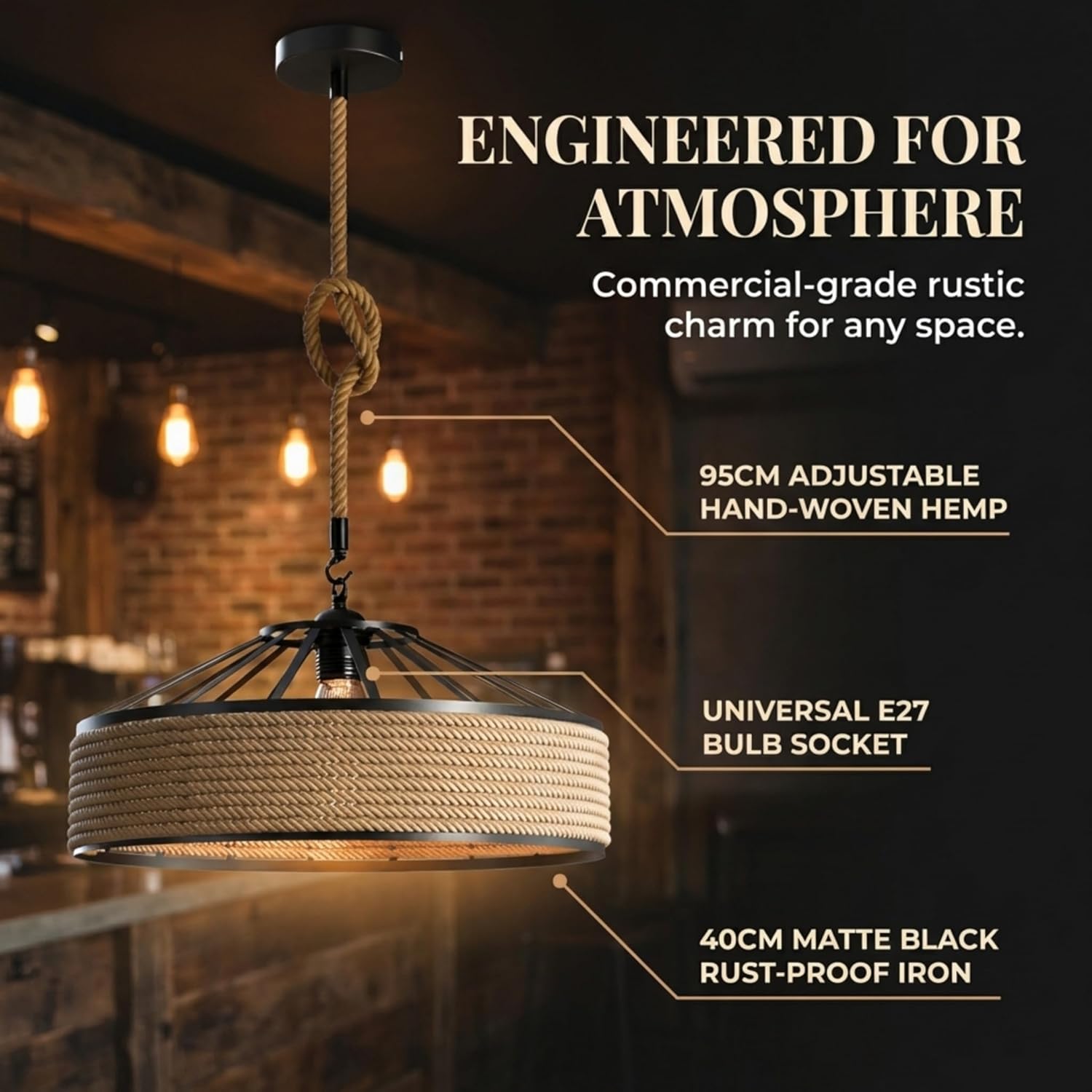 lampe suspendue chanvre, suspension corde naturelle E27, lustre rustique cuisine