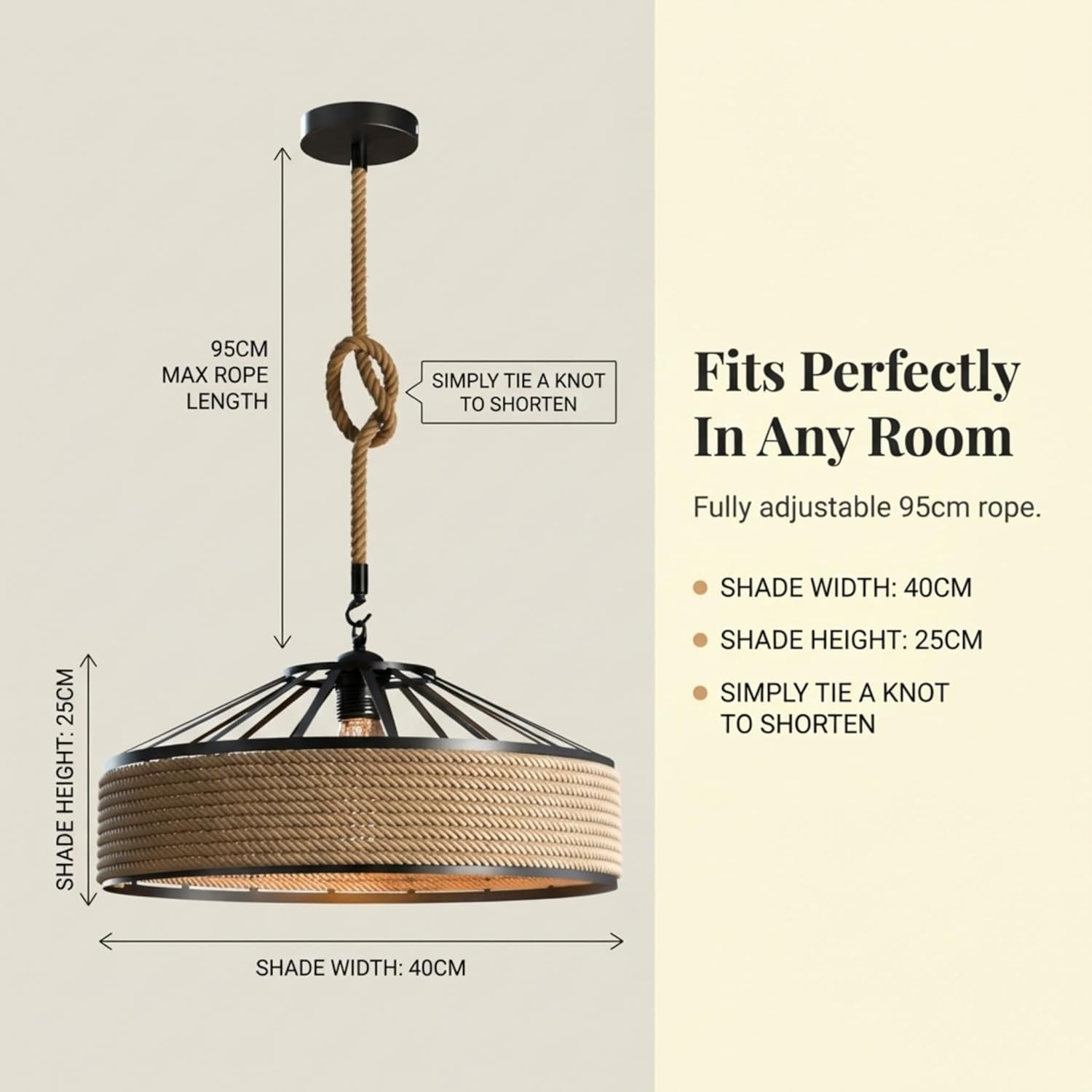 lampe suspendue chanvre, suspension corde naturelle E27, lustre rustique cuisine