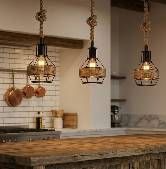 LEDSone Suspension Corde de Chanvre et Cage Métallique Noir E27 Luminaire Industriel ~2319