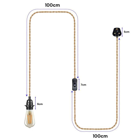 Corde de chanvre réglable suspendue industrielle, interrupteur marche/arrêt, prise britannique, suspension ~ 4554