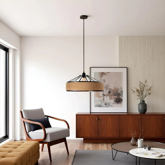 Suspension Corde de Chanvre et Cage Métal E27 Lustre Vintage Rétro Luminaire Industriel ~1512