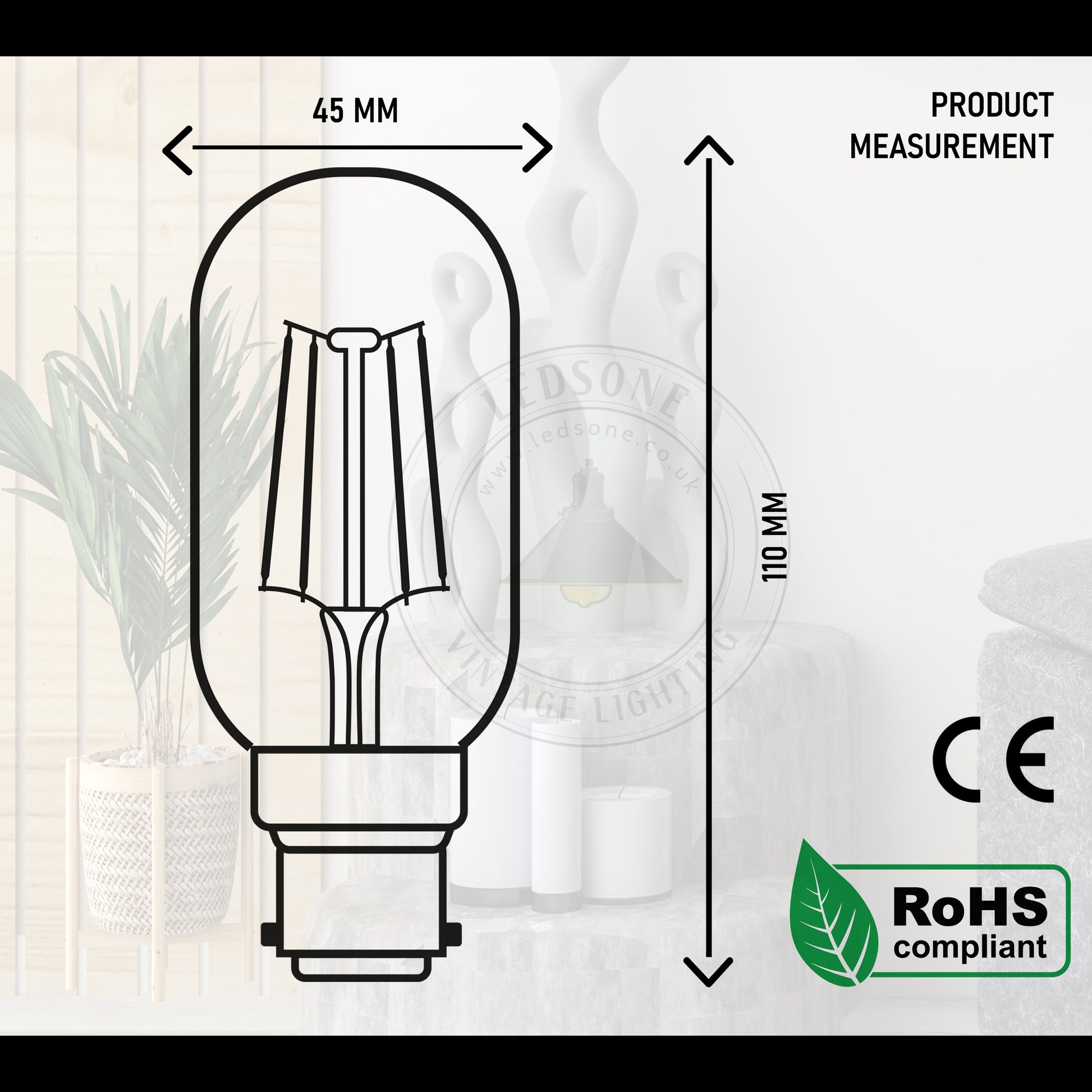 4W T45 B22 LED Dimmable Vintage Filament Light - size image