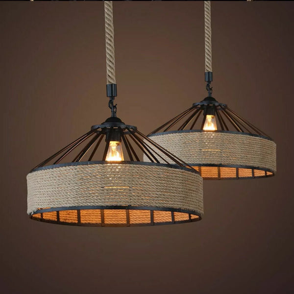 Suspension Rustique en Corde de Chanvre E27 – Lustre Vintage