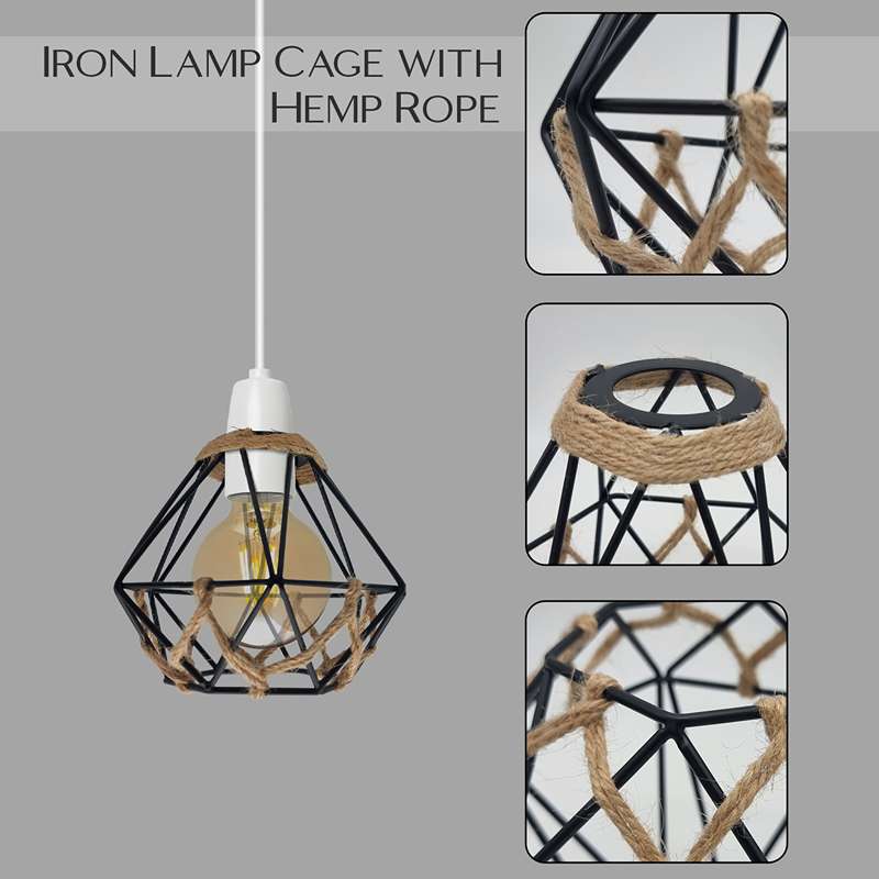 Vintage Black Farmhouse Country Diamond Hemp Rope Ball Metal Lampshade With Reducer Ring-App 3