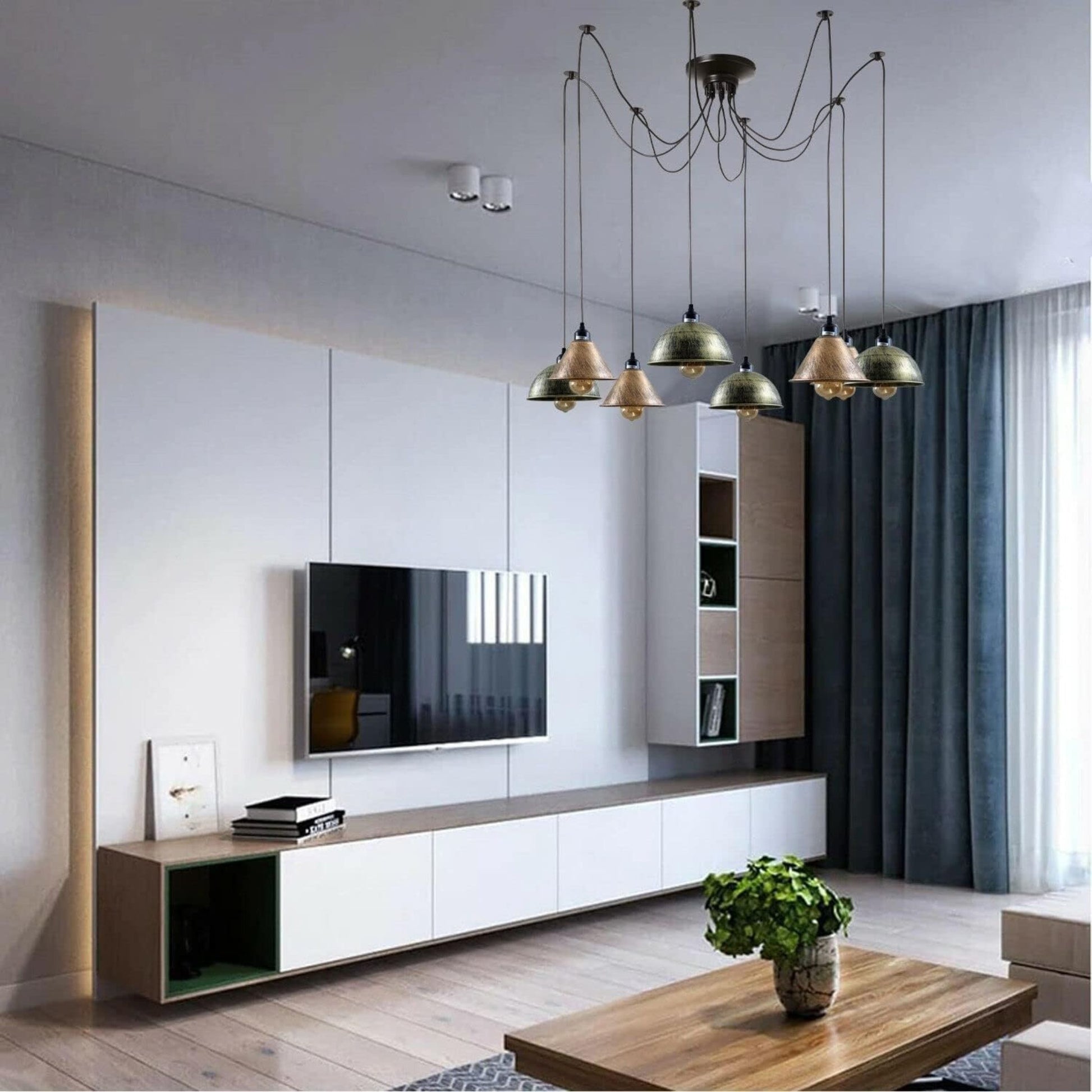 Lustre industriel 8 ampoules E27 sans abat-jour pour un look épuré.