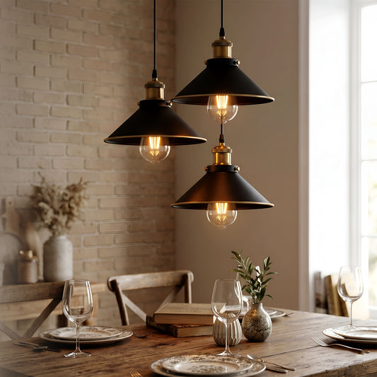 LEDSone Luminaire suspendu vintage à trois bras, avec abat-jour conique plat ~2153