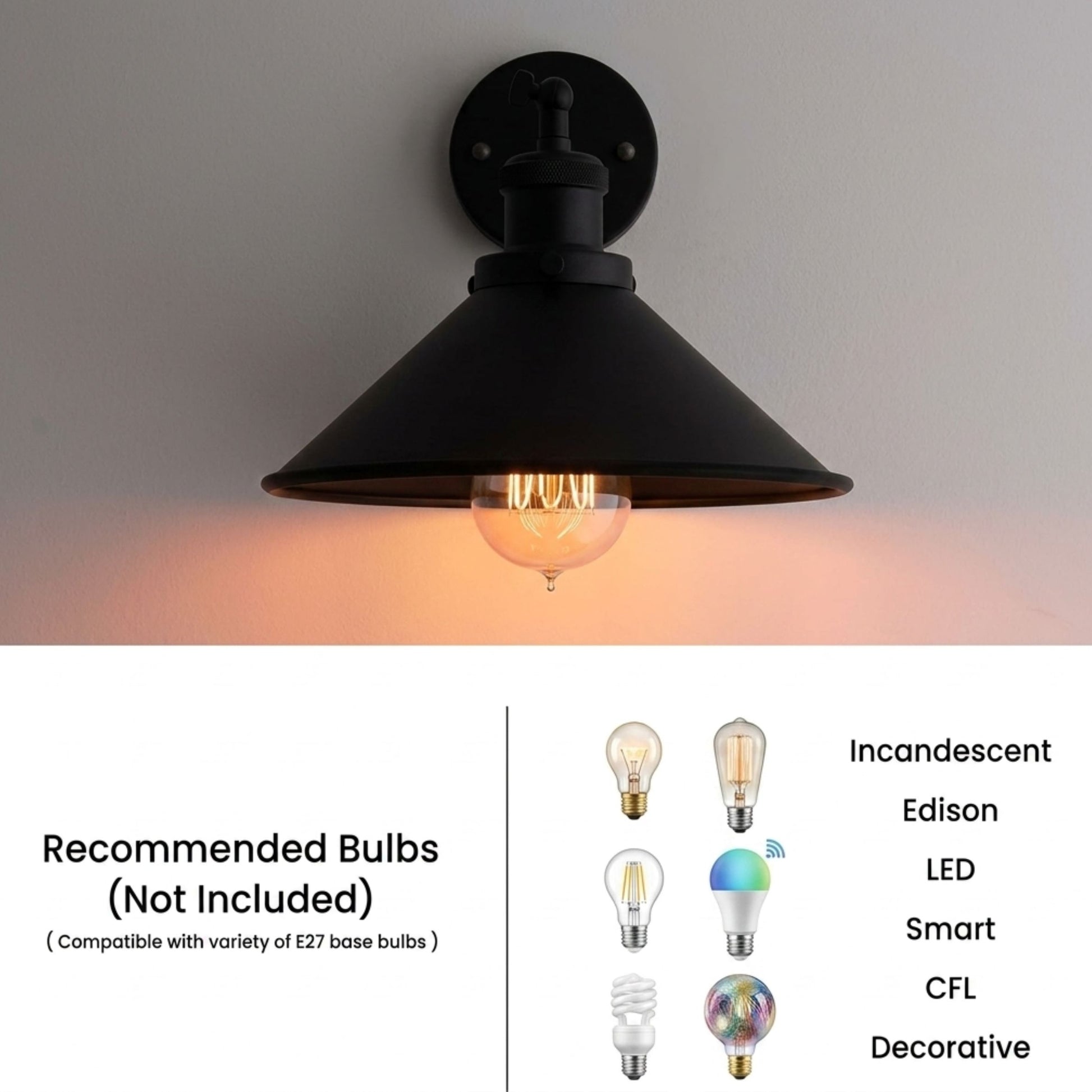Abat jour metal noir de 22cm avec rosace de plafond et vis de fixation incluses