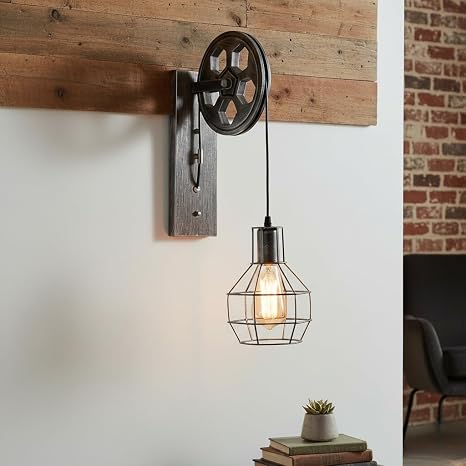 LEDSone Applique Murale Industrielle Vintage Rétro Loft Poulie Roue Lampe Antique Argent Brossé Luminaire avec Abat-Jour en Fil pour Pub Bar Restaurants