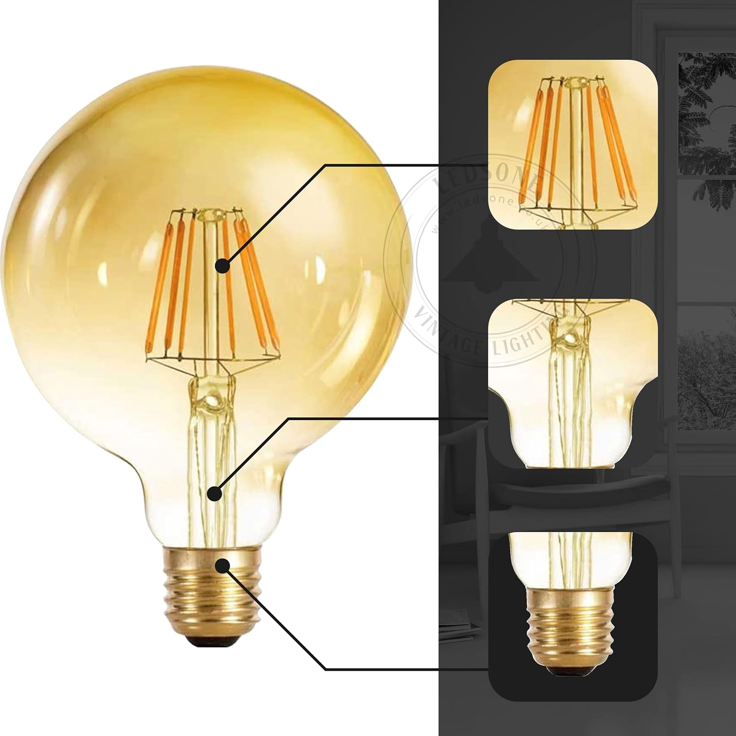Ampoule LED Edison Vintage G125, 8W, E27, Blanc Chaud 2700K