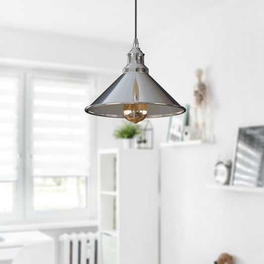 Éclairage suspendu de plafond simple Vintage industriel, abat-jour chromé à cône en métal, support E27 UK ~ 3817