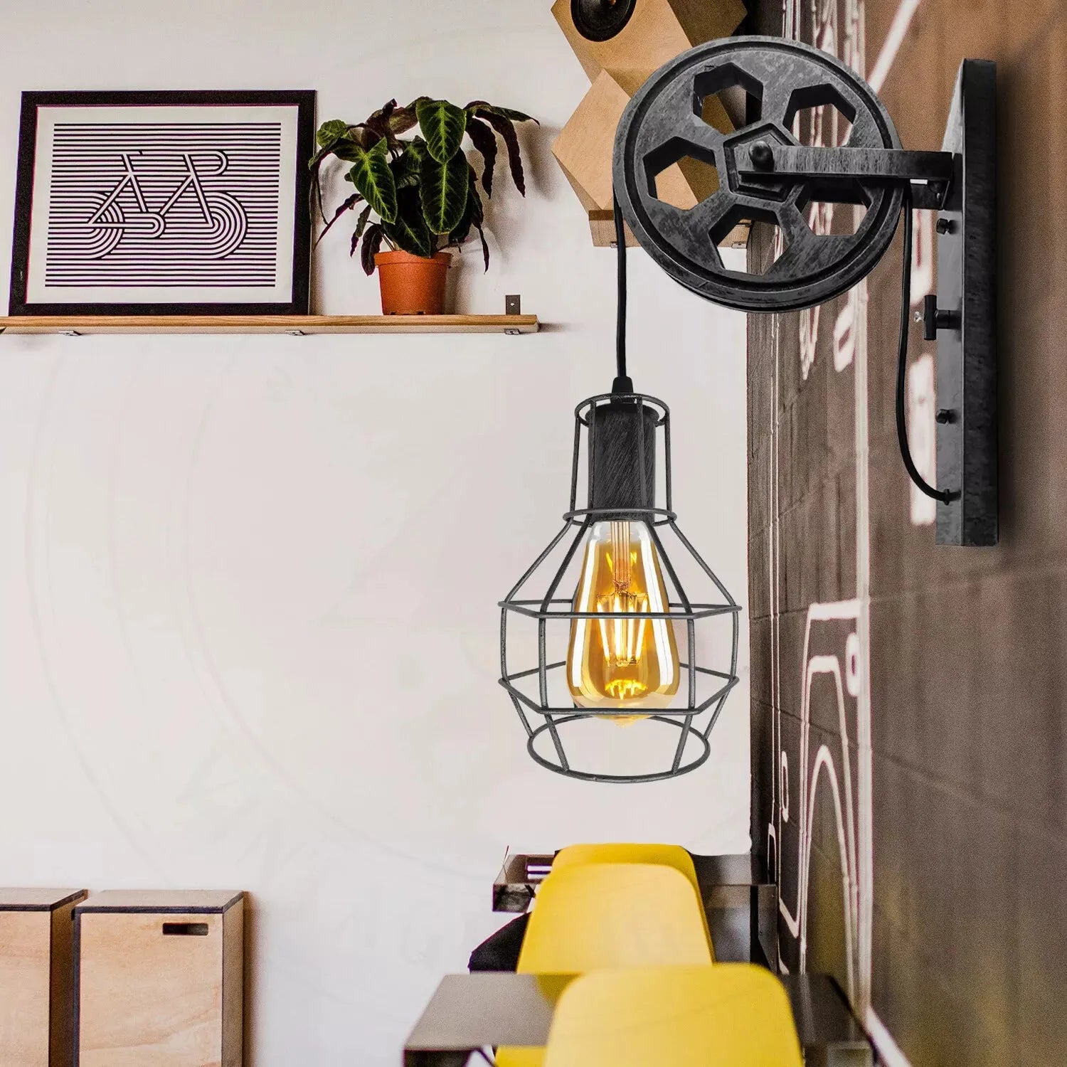 LEDSone Applique Murale Industrielle Vintage Rétro Loft Poulie Roue Lampe Antique Argent Brossé Luminaire avec Abat-Jour en Fil pour Pub Bar Restaurants