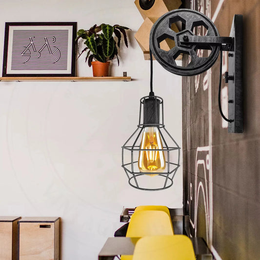 LEDSone Applique Murale Industrielle Vintage Rétro Loft Poulie Roue Lampe Antique Argent Brossé Luminaire avec Abat-Jour en Fil pour Pub Bar Restaurants