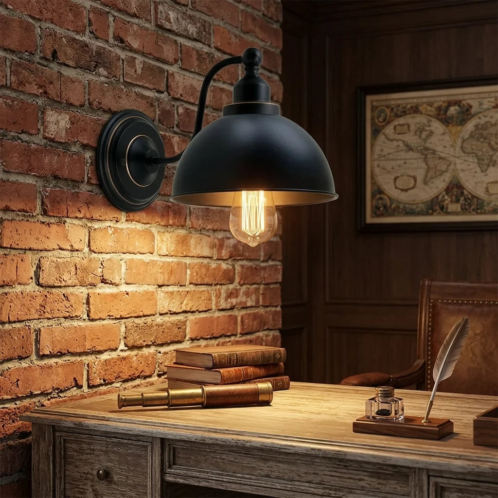 Applique murale noire vintage en métal avec ampoule E27