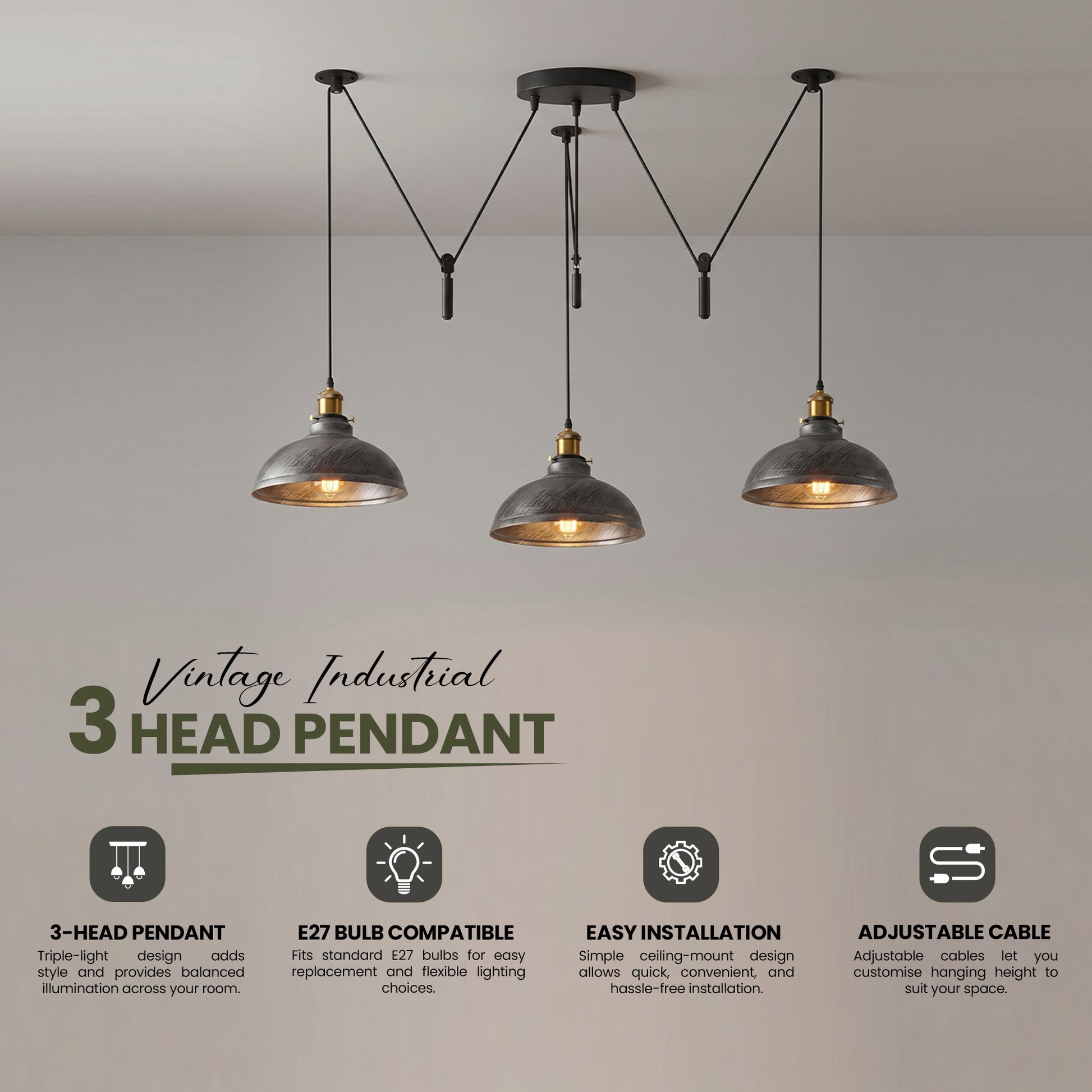 Suspension LEDSone 3 Têtes Réglables - Éclairage Moderne vntage