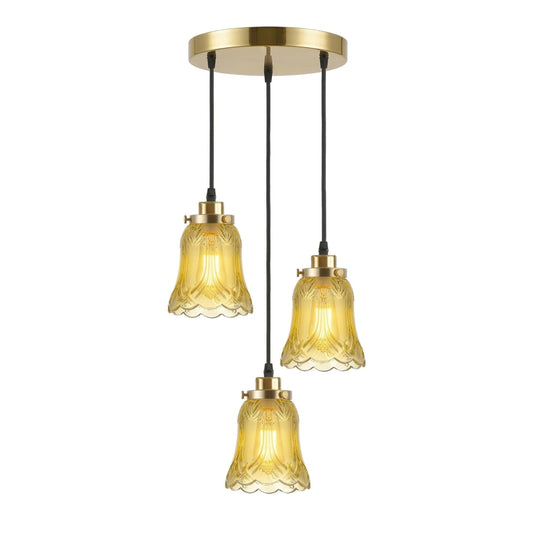 LEDSone Lustre Suspension 3 Lampes en Verre Ambré - Style Industriel Doré ~2006