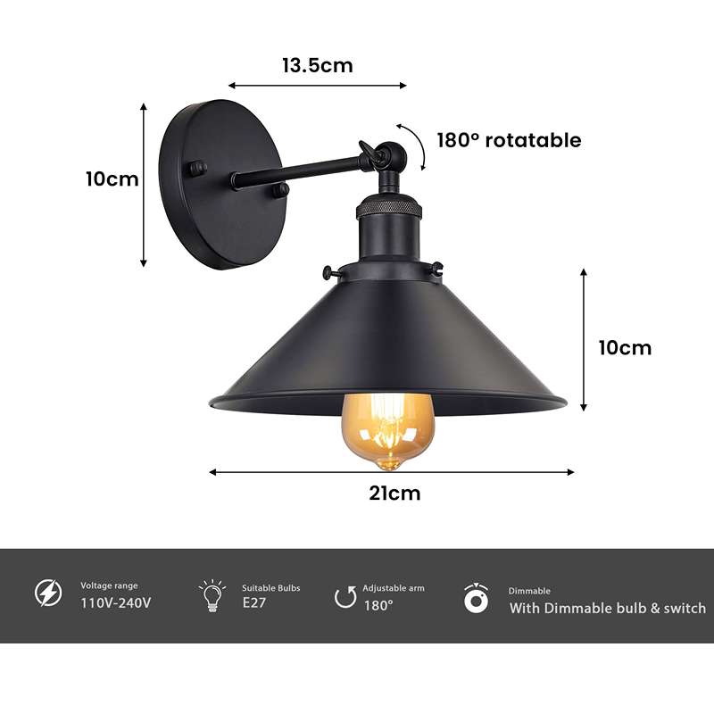 Black Cone Shade Wall Lighting Adjustable Arm-Size