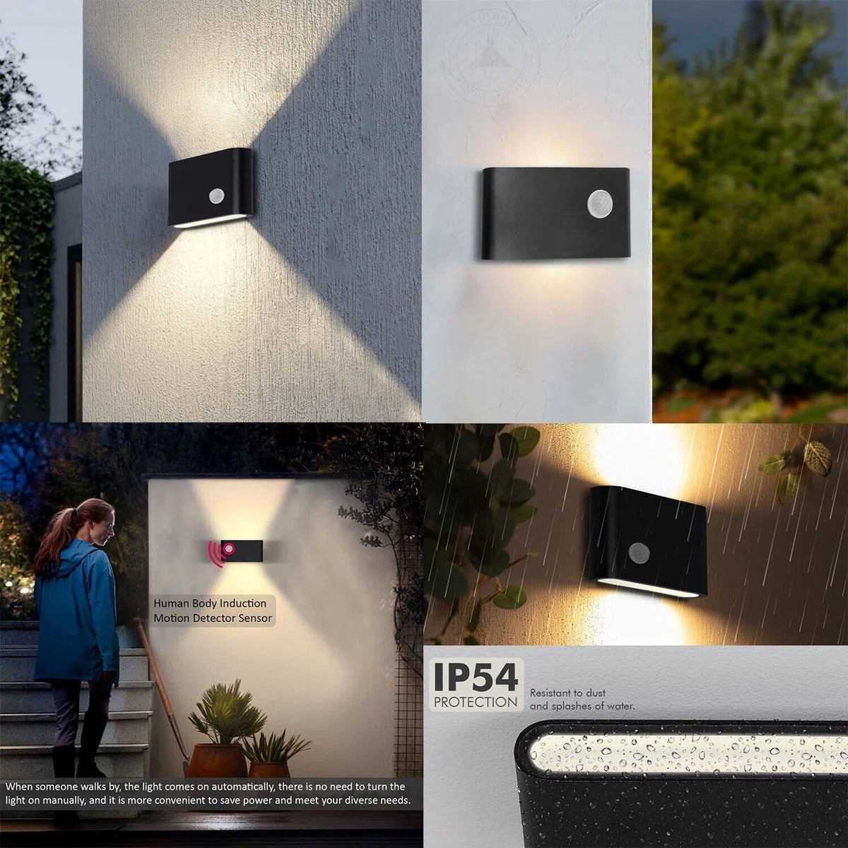 Applique murale LED en aluminium avec détecteur de mouvement, applique extérieure, indice d'étanchéité IP65, pour jardins, salons, escaliers,12W, noir