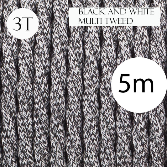 Câble flexible en tissu électrique Vintage, 5m, 3 cœurs torsadés, noir et blanc, multi-tweed, 0.75mm ~ 4864