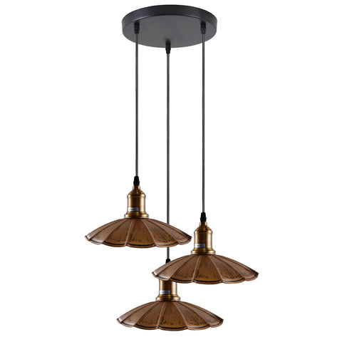 Lampe suspendue à 3 têtes en cuivre brossé, abat-jour rétro ~ 1482