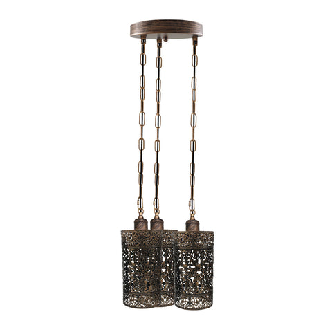 Lampe rétro industrielle vintage à 3 voies, pendentif de plafond rond, base e27, cage rouge rustique ~ 3933