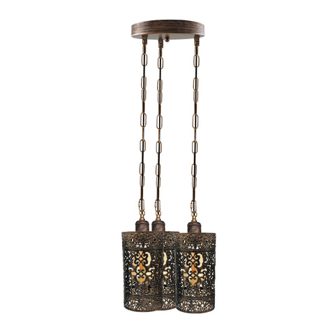 Lampe rétro industrielle vintage à 3 voies, pendentif de plafond rond, base e27, cage rouge rustique ~ 3933