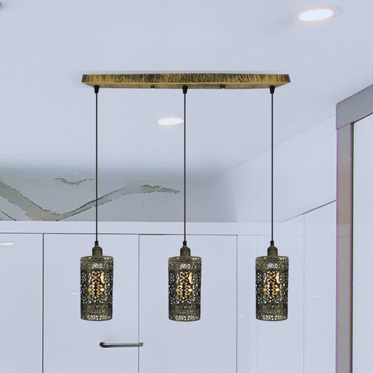 Lampe suspendue rétro vintage industrielle, cylindre de tambour rectangulaire à 3 voies, base de plafond en laiton brossé, finition brossée ~ 4018