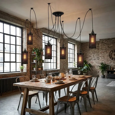 LEDSone Suspension Araignée Industrielle 6 Lampes – Lustre Ajustable à Cages E27 ~1579