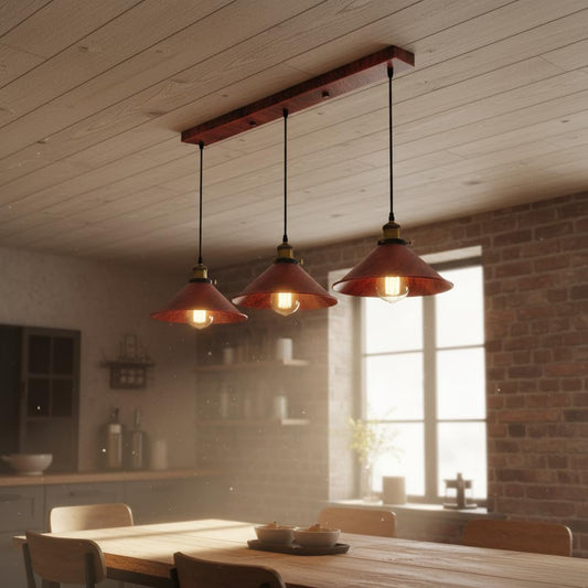 LEDSone Suspension industrielle vintage en métal argenté brossé à 3 têtes avec abat-jour conique E27 et support de plafond de 50 cm