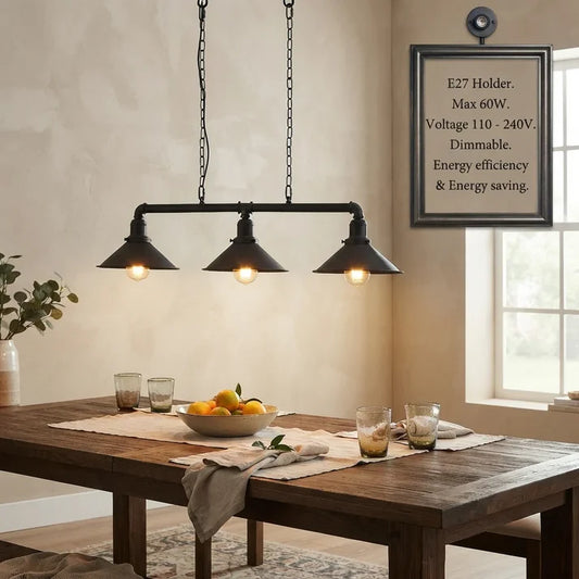 Lampe suspendue vintage industrielle noire à 3 têtes Lightshade Rétro Cône Abat-Jour Plafond E27 Base Luminaires Steampunk Tuyau En Métal Barre lumineuse pour la maison, pub, café, décoration d'hôtel
